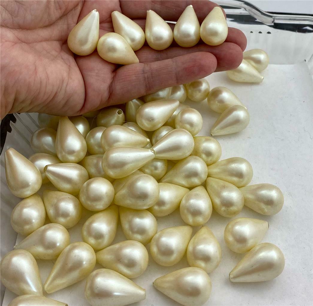 Lot Of 60 Vintage Large Hollow Creamy White 1 Hole Teardrop Pearls
