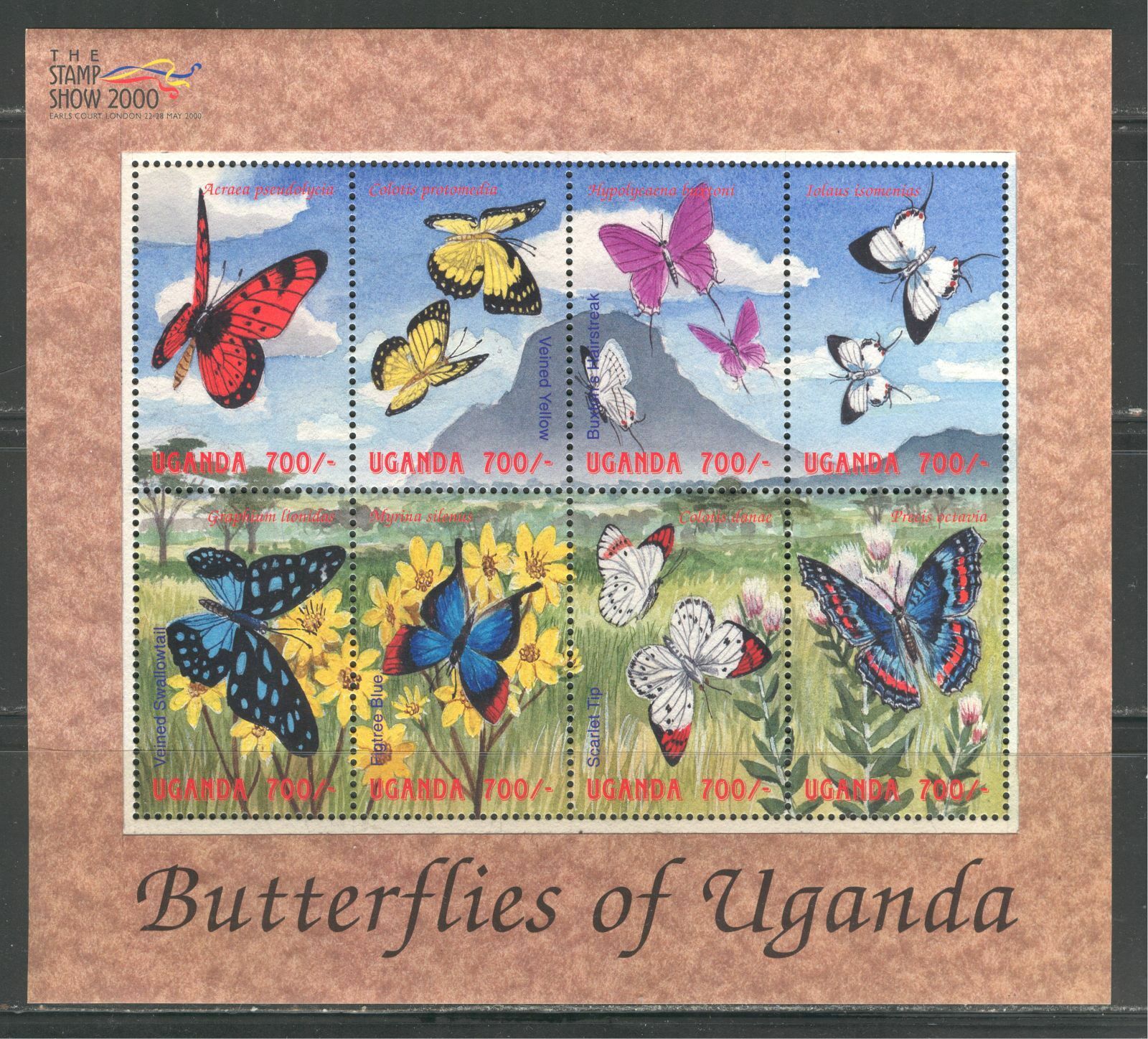Uganda 2000, Insects: Butterflies, Scott 1651 Sheet Of 8 Different, Mnh