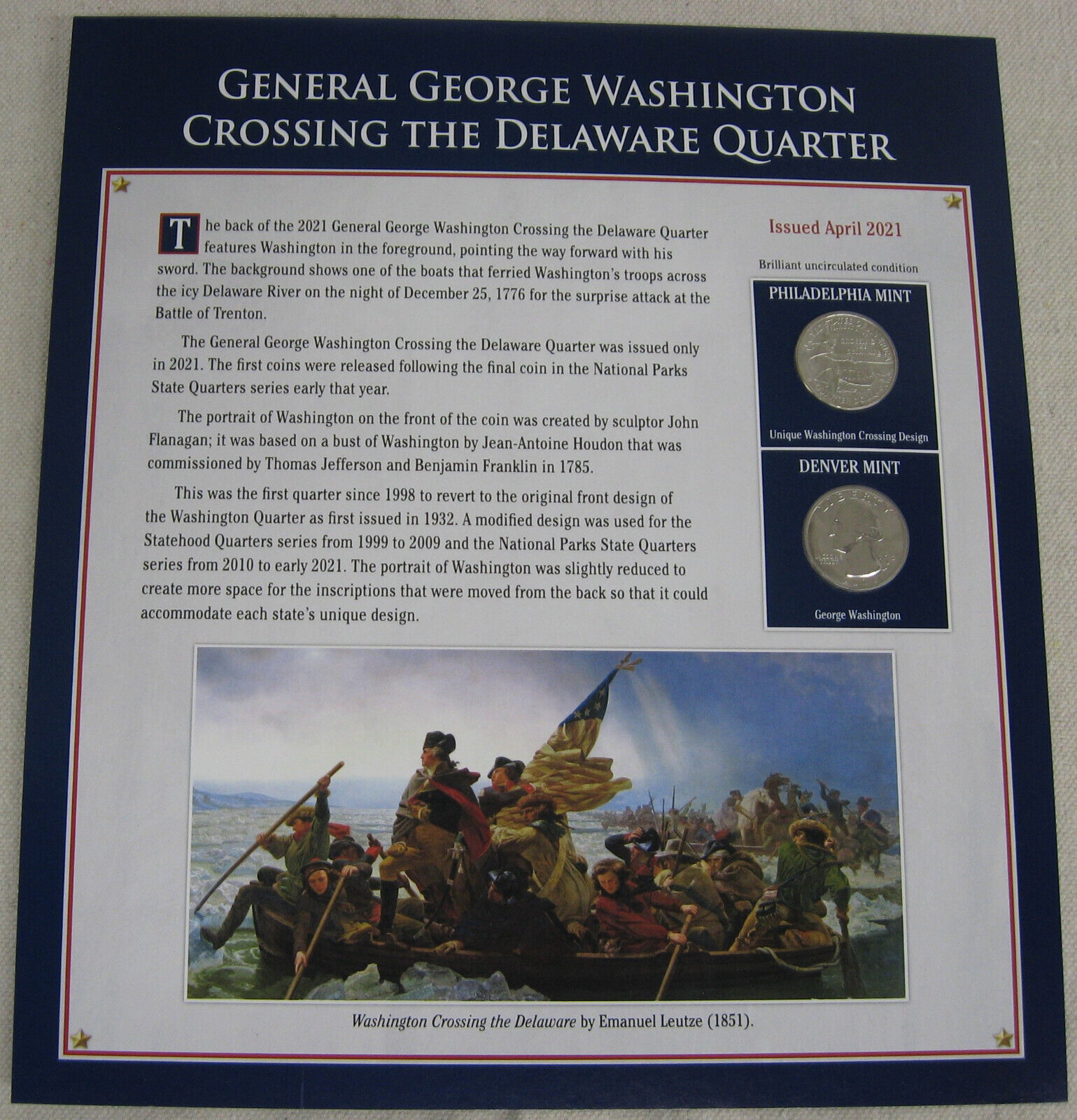 Postal Commemorative Society George Washington Crossing The Delaware Quarter